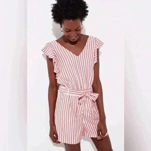 Ann Taylor Loft Petites Womens Size 00 Red White Stripe Flutter Tie Romper